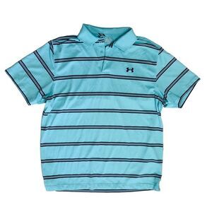 Under Armour Mens Polo XL Hear Gear Loose Golf Turquoise Striped Button Up Shirt
